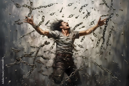 Fototapeta Person breaking free from chains or constraints, representing liberation and newfound freedom