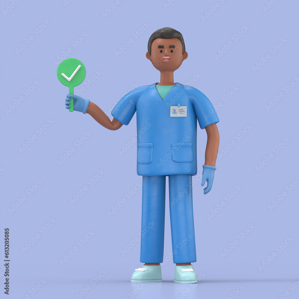 3D illustration of Male Doctor King with a right sign. Medical presentation clip art isolated on blue background
