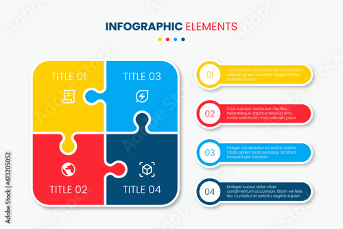 Modern design template for infographics. Puzzle infographic. Interconnection of four components or parts of the concept. Successful and bright presentation of ideas