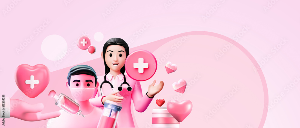 Hospitals with medical personnel and blood donation concept for treatment health and recovery in cardiac surgery in purple background. Doctor, nurse, martyr, healing, helping, 3d rendering