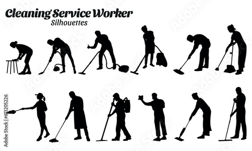 Household hotel or apartment cleaning service silhouette vector illustration set