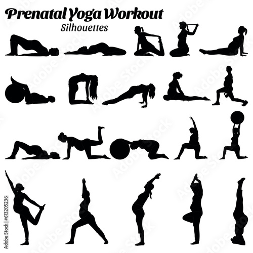 Prenatal yoga silhouettes vector illustration set.