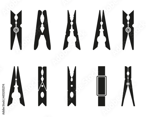 Best Premium Lothes Pegs Black Color Clothes Pin Vector Illustration With Isolated On White Background. Set Of Different Clothespins Clip Art Vector On White.