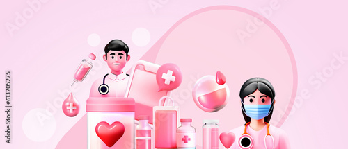 Hospital with medical personnel and blood donation concept with saving mandate and compassion for others in purple background. doctor, nurse, patient, sacrifice, hero, 3d rendering photo