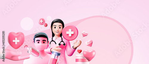 Hospitals with medical personnel and blood donation concept for treatment health and recovery in cardiac surgery in purple background. Doctor, nurse, martyr, healing, helping, 3d rendering © guguart