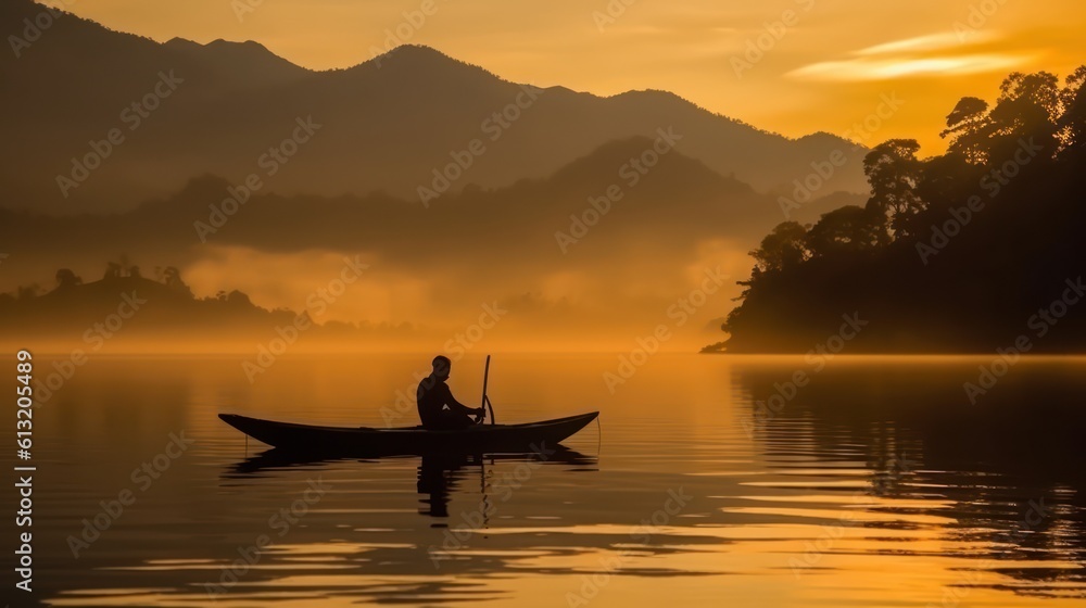 Silhouette of a man in a boat on the lake at sunrise., Generative AI