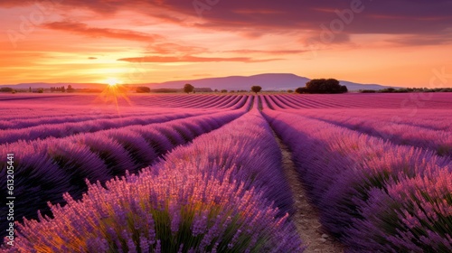 Beautiful sunset over lavender field in Provence, France, Generative AI