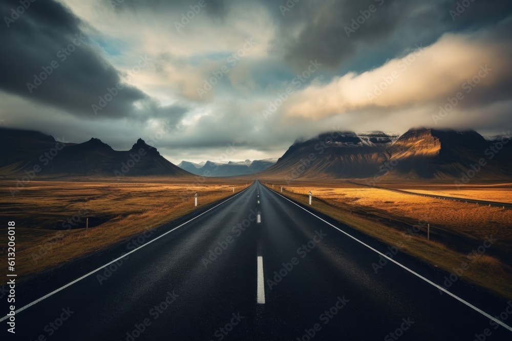 Road in Iceland with dramatic cloudy sky. Travel and nature concept, Generative AI