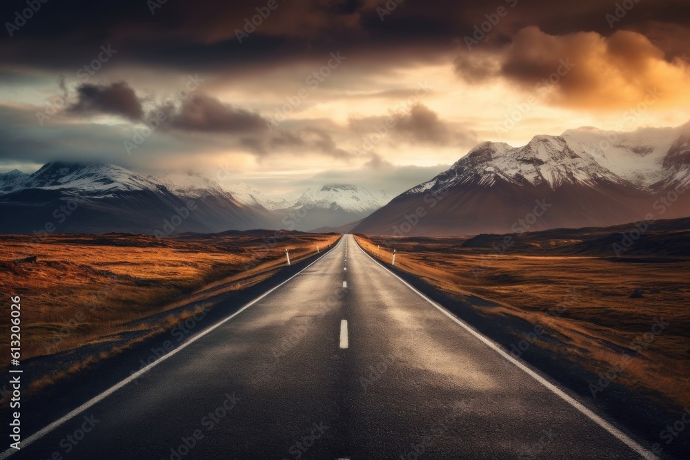 Road in Iceland with dramatic cloudy sky. Travel and nature concept, Generative AI