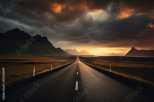 Road in Iceland with dramatic cloudy sky. Travel and nature concept, Generative AI © tanatat