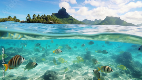 南国のコラルビーチで泳ぐ熱帯魚 Tropical fish in beautiful coral beach. Created by generative AI