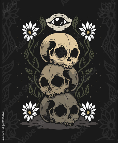 Skull head with flowers hand drawn illustration vector design