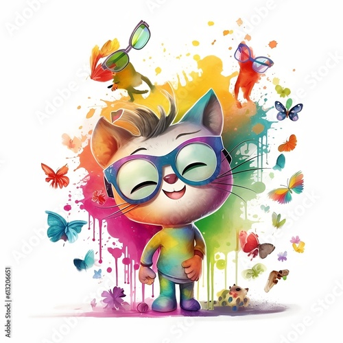 Cute watercolor cat in rainbow paint playing with a butterfly. Colorful cat with sunglasses on white background. Created with generative ai © Egor