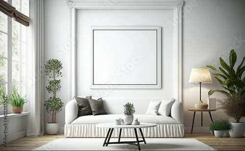 Wooden frame mock up on a wall. vertical poster frame mockup in modern minimalist interior.