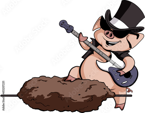 Cartoon rockstar pig with roast playing guitar
