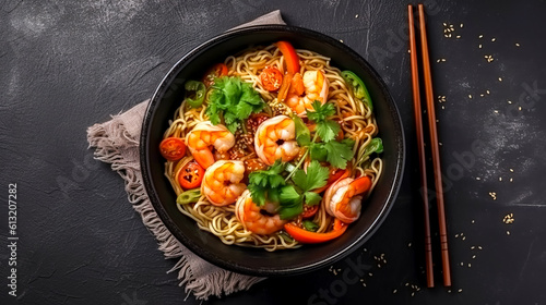 Noodles with vegetables and shrimps in black iron pan, generative AI.