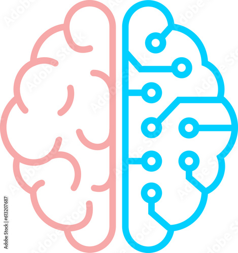 Biological and cyber hemisphere of brain icon in outline style.