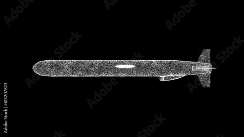 3D cruise missile on black background. Object made of shimmering particles. War weapon concept. For title, text, presentation. 3d animation.