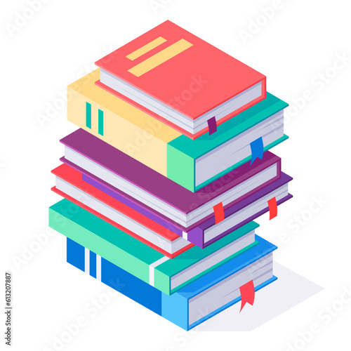 Isometric books stack. Different literature, 3d book pile, reading and education, school or college concept vector illustration. Literature educational books