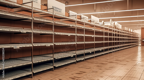 Empty grocery shelves in a supermarket, generative AI.