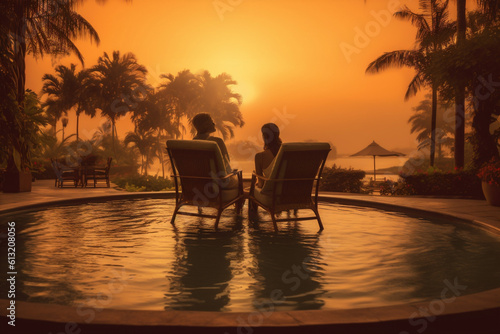 romantic swimming couple travel relax back honeymoon vacation sunset pool. Generative AI.