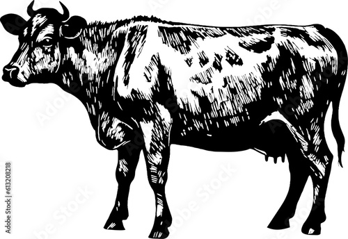 Illustration of a cow. Engraving style art.