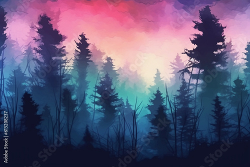 Abstract gradient art style, a mysterious forest at twilight with a mystical mood. AI generative