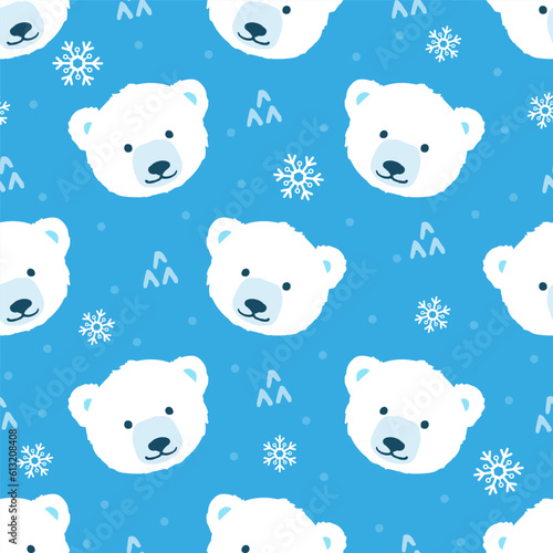 Cute polar bear seamless pattern vector illustration. Polar bear with snowflake on blue background.