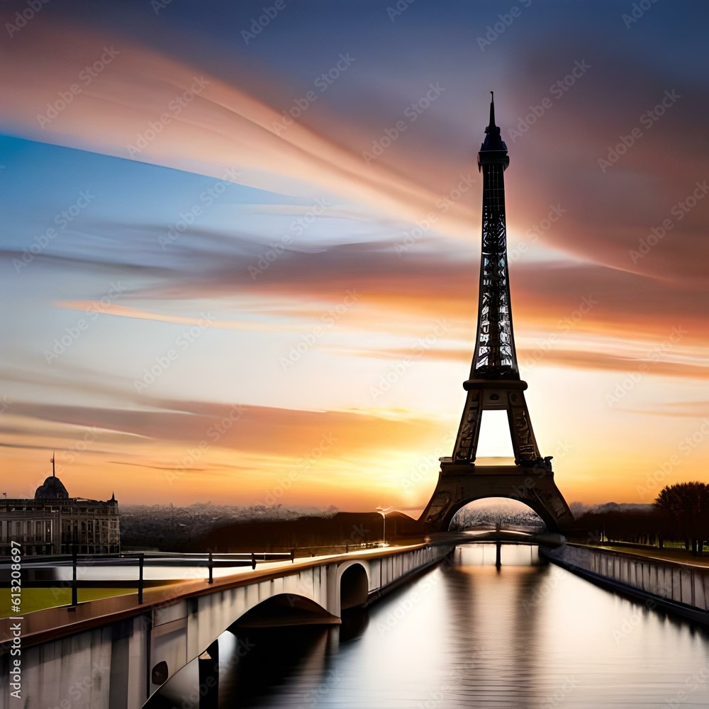 Naklejka premium Eiffel tower at sunset. Generative AI