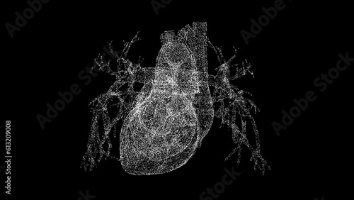 3D human heart on black bg. Cardiovascular system human body. Object dissolved flickering particles. Scientific medical concept. For title, text, presentation. 3d animation. photo