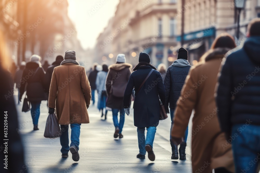 Crowd of people walking on the street in the City, Generative AI