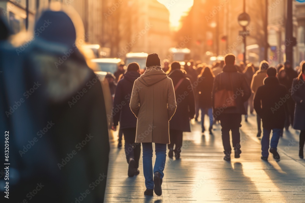 Crowd of people walking on the street in the City, Generative AI Crowd of people walking on the street in the City, Generative AI