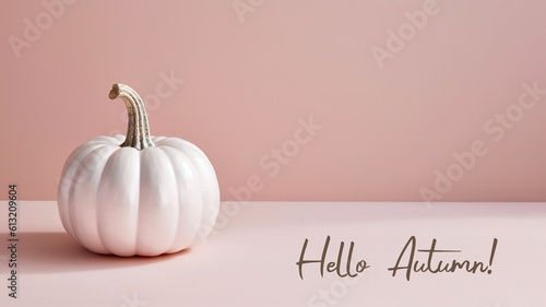 A white pumpkin sitting on top of a table. Generative AI. Text Hello Autumn.
