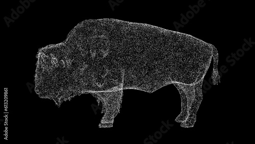 3D buffalo on black background. Object made of shimmering particles. Wild animals concept. For title, text, presentation. 3d animation.