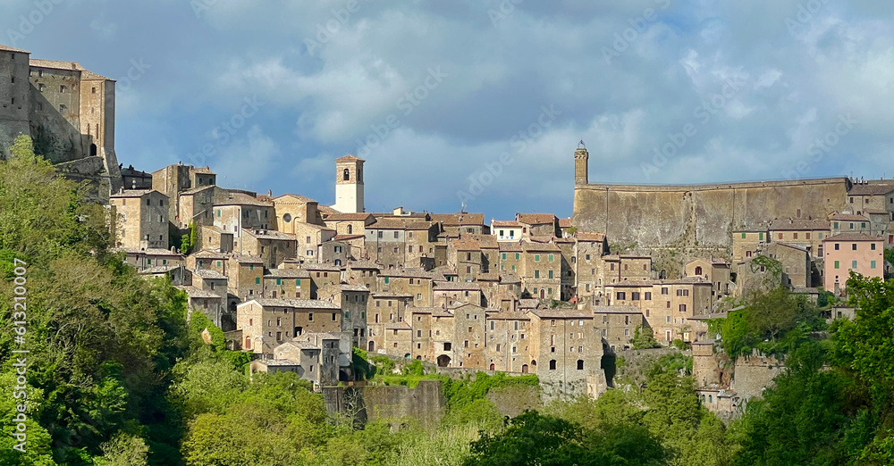 Beautiful panoramic view of medieval town of Sorano in Italy