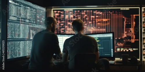 A close-up of two individuals performing big data analysis on a computer in an office setting. developers engaged on a new project. Generative Ai.