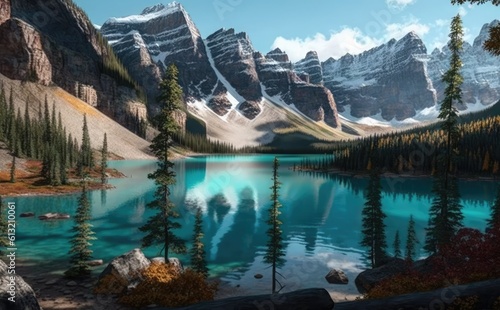 waters of the Moraine Lake with snow-covered peaks, Rocky Mountains