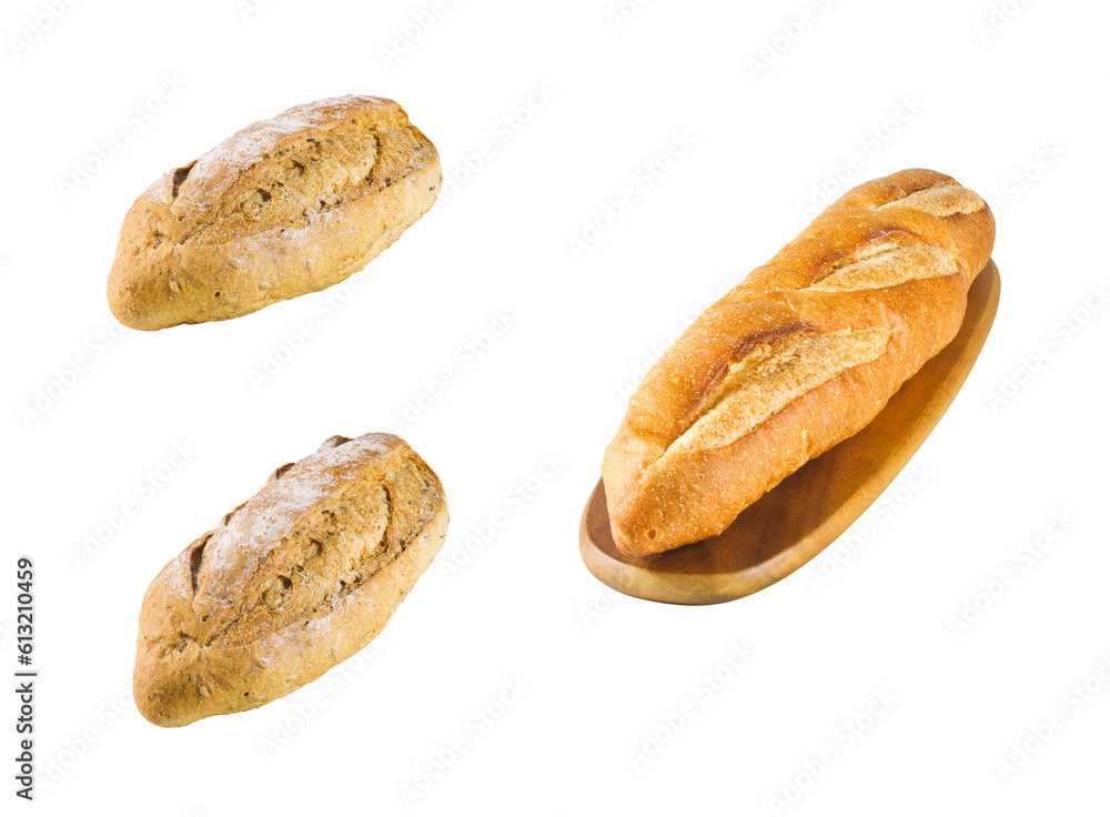 Multigrain bread and Baguette. Multigrain loaf. Fresh fragrant bread Isolated on PNG transparent background. Collection of baked bread Multigrain bread and Baguette. Multigrain loaf. Fresh fragrant bread Isolated on PNG transparent background. Collection of baked bread