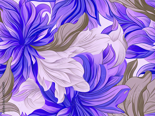Purple floral pattern with orange and white flowers on background with leaves.