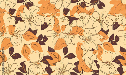 Abstract floral pattern with orange and brown flowers on a beige background with leaves and petals.