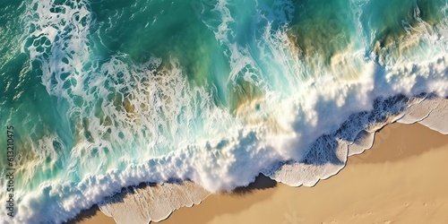 Aerial image of the shoreline's breaking waves. surf on a tropical beach. abstract ocean scene from above. Generative Ai.