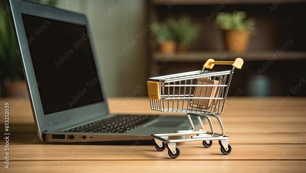 Shopping Cart Model and Laptop on Blurred Home Background. Online Business and E-Commerce Concept