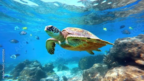 Sea turtle swimming underwater with coral reef, Generative AI © tanatat