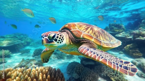Sea turtle swimming underwater with coral reef  Generative AI