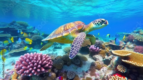 Sea turtle swimming underwater with coral reef, Generative AI © tanatat