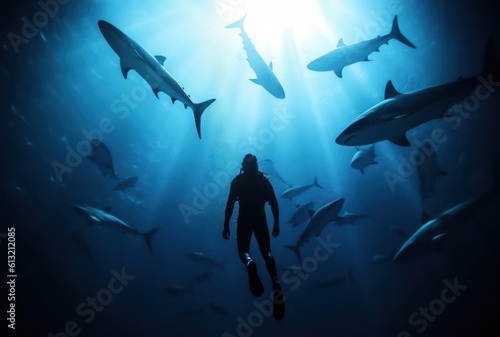 Silhouette of a diver in deep blue ocean with sharks., Generative AI