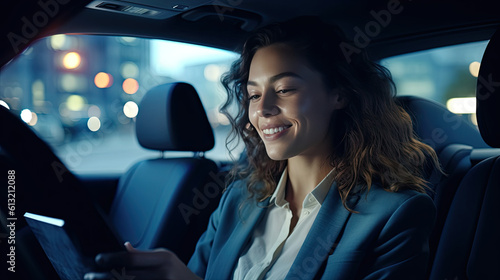 Businesswoman using digital tablet in back seat of car. Generative AI © nornie