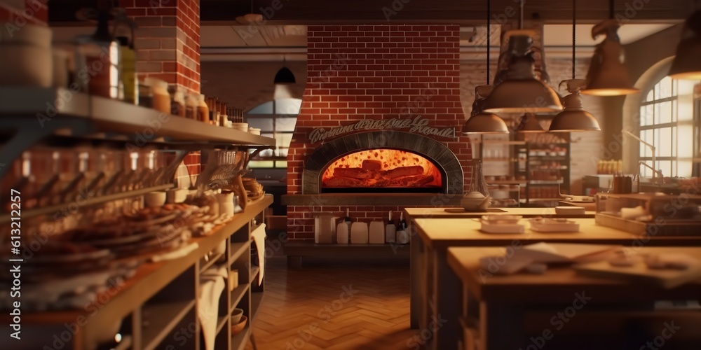 Freshly made pizzas are on the table in the Italian restaurant's kitchen, which features a classic wood-fired brick oven. Generative Ai.