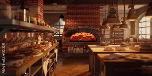 Freshly made pizzas are on the table in the Italian restaurant's kitchen, which features a classic wood-fired brick oven. Generative Ai.