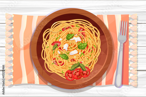Spaghetti Pasta in wooden plate with tomatos, basil, mozzarella in cartoon style top view detailed and textured on wooden background. food, italian cuisine